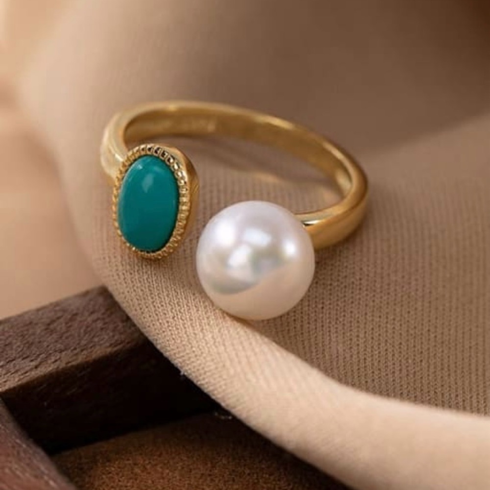 14k Gold Plating Over Solid Sterling Silver 925 Turquoise & Pearl Ring